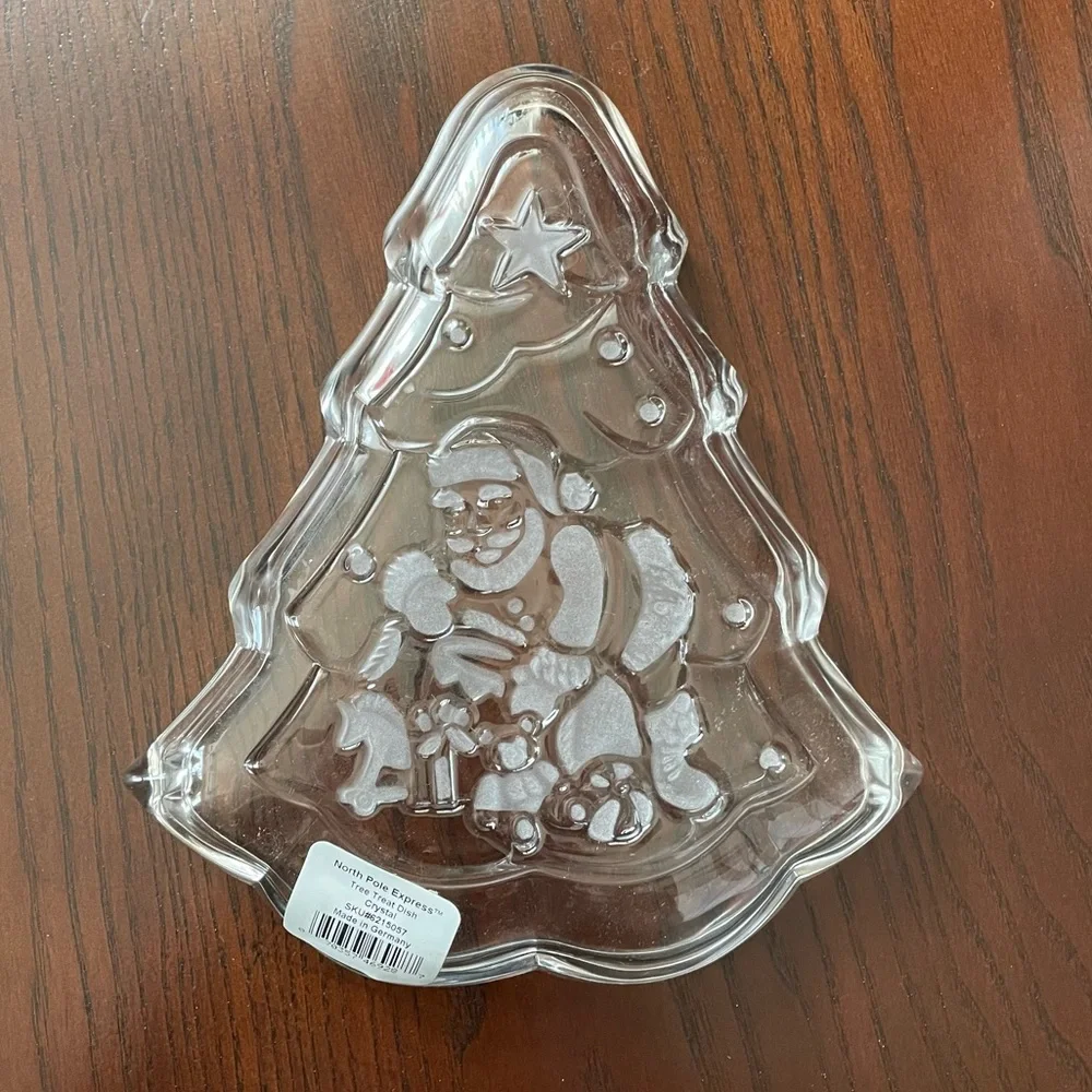 GORHAM Candy Dish Etched Crystal Holiday Traditions North Pole Express Tree